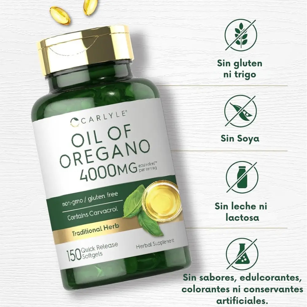 Aceite de Orégano Carlyle 4000 mg — Potencia natural con Carvacrol +80 % que ayuda a eliminar hongos y parásitos como la Candida y la Solitaria