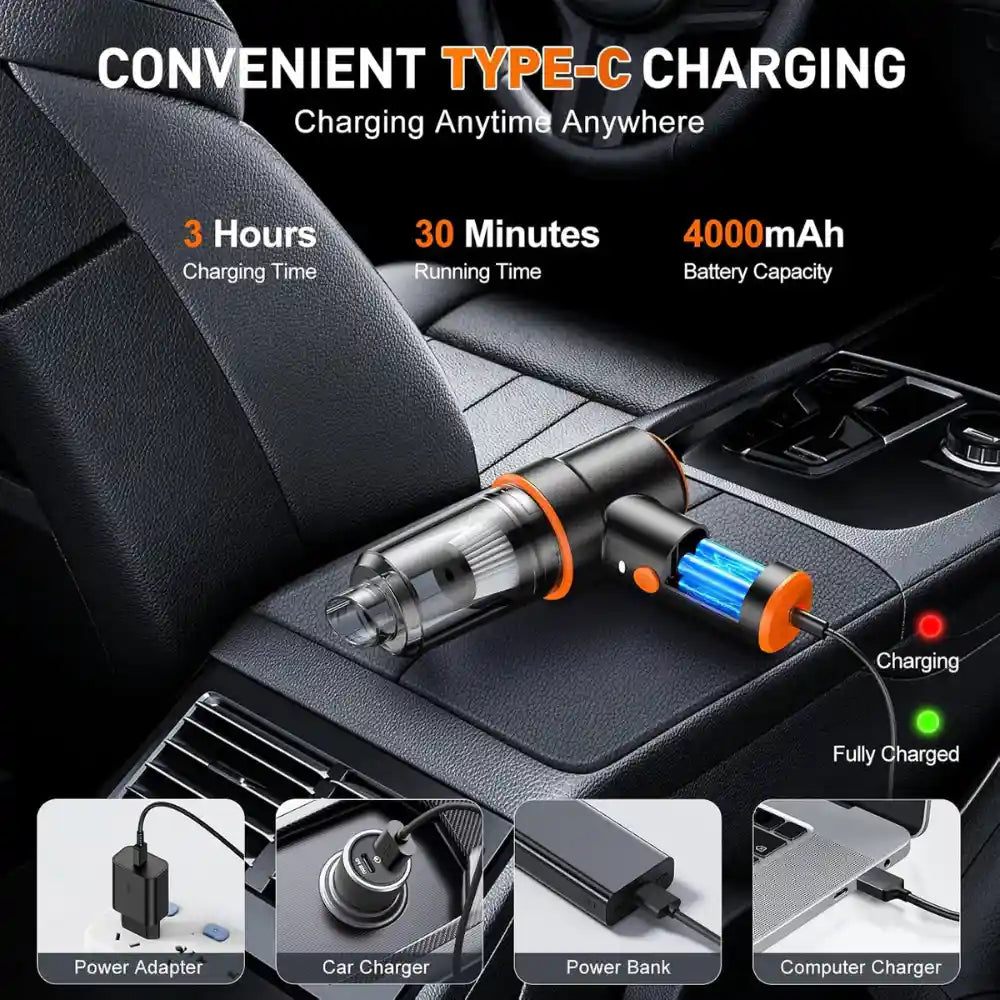 CleanPRO - Mini Aspiradora Portátil Superpotente, aspira y sopla. Todos los accesorios incluidos.