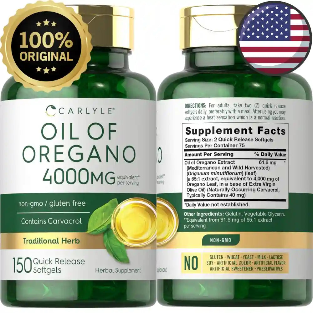 Aceite de Orégano Carlyle 4000 mg — Potencia natural con Carvacrol +80 % que ayuda a eliminar hongos y parásitos como la Candida y la Solitaria