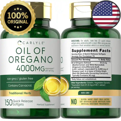 Aceite de Orégano Carlyle 4000 mg — Potencia natural con Carvacrol +80 % que ayuda a eliminar hongos y parásitos como la Candida y la Solitaria